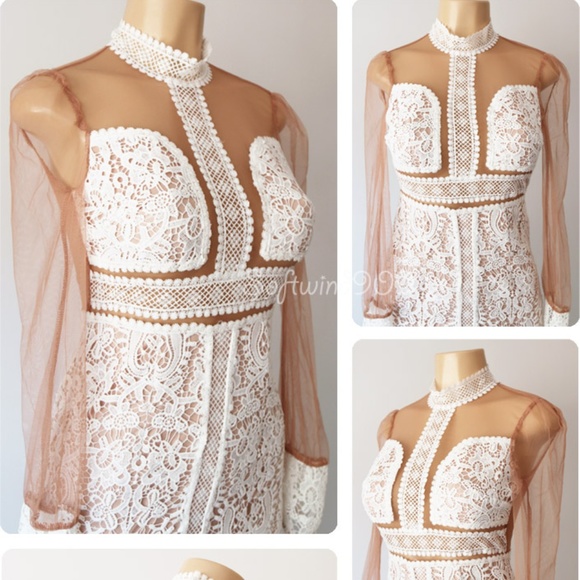 Ivory Nude Crochet Lace Mock Illusion Sheath Dress - Picture 3 of 8